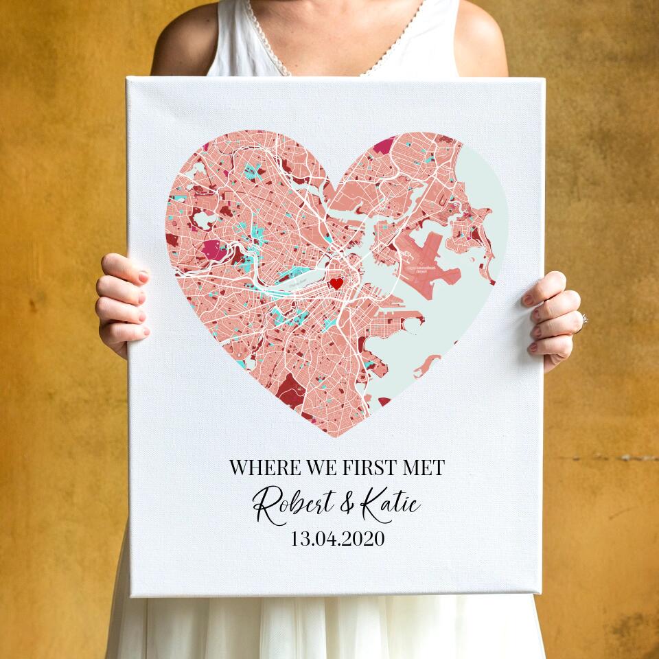 Personalized map canvas with a custom location, names and a date