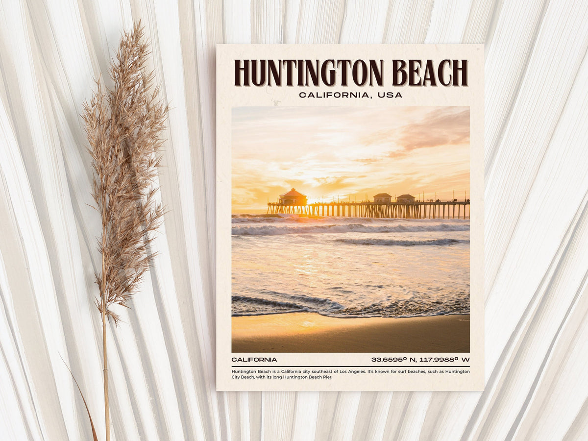 Huntington Beach, California, Surfing, Pier, Bolsa Chica Ecological Reserve, City Art Prints, Joyie.co, Coastal Charm, Beach Vibes, Surf City USA, Nature Exploration, Local Cuisine, Travel Memories, Wall Decor, Adventure