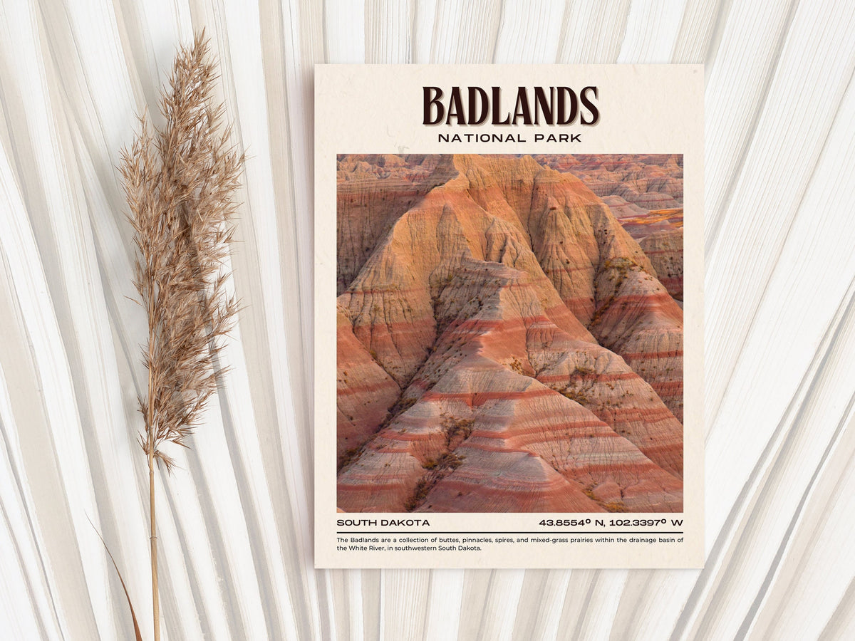 Badlands Loop Road, scenic drive, travel poster print, Badlands art, Fossil Exhibit Trail, prehistoric fossils, Badlands wall art, city color palette, Notch Trail, hiking adventure, Badlands photo, city art print, Badlands artwork, South Dakota poster