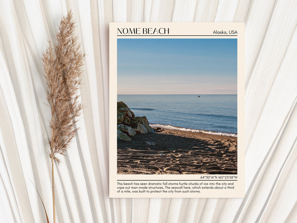 Beachcombing, seashell hunting, Nome Beach wall art, travel poster print, Wildlife watching, Nome Beach photo, city art print, Picnic by the shore, Nome Beach artwork, Alaska poster, Nome Beach poster, city color palette, Sunset strolls, Alaska coast