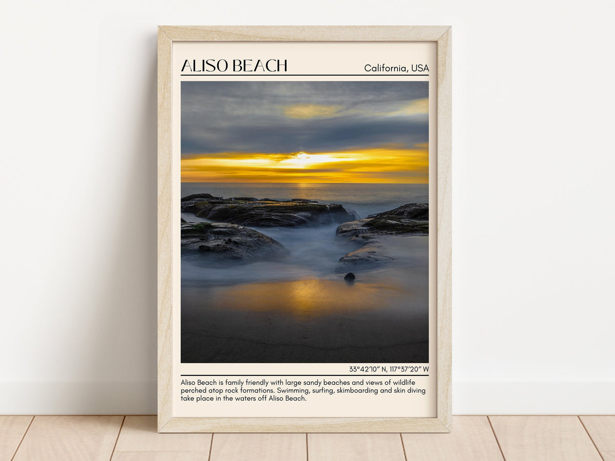Surfing, bodyboarding, Aliso Beach wall art, travel poster print, Aliso Beach photo, city art print, Coastal trail hiking, outdoor adventure, Aliso Beach poster, Sunset photography, Pacific Ocean sunset
