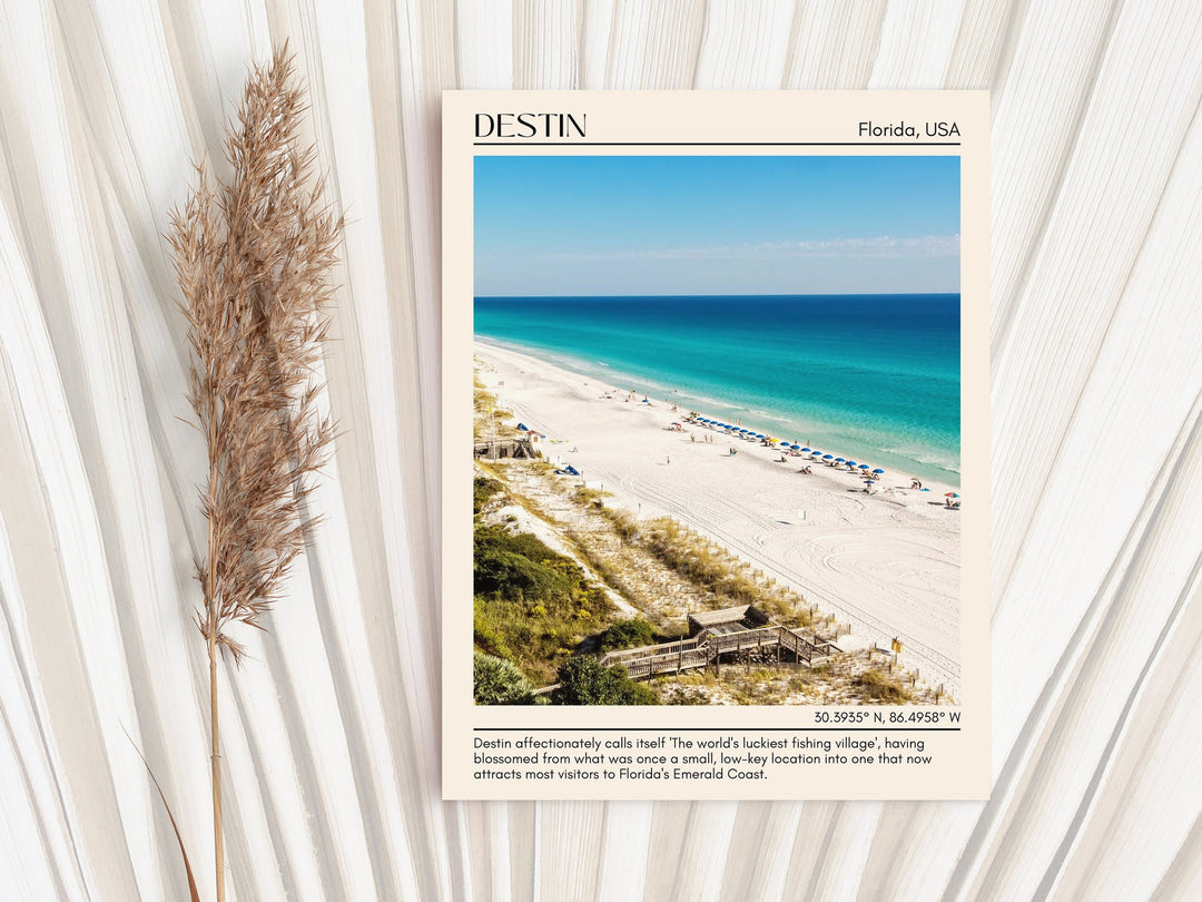 Destin Beach, Florida, USA, travel poster print, city art print, city colour palette, coastal charm, beach life, Gulf Coast, adventure, Joyie.co.