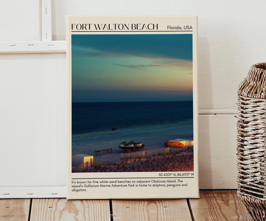 Fort Walton Beach, Florida, USA, travel poster print, city art print, city colour palette, Gulf Coast, Okaloosa Island Pier, Gulfarium Marine Adventure Park, The Boardwalk, Fort Walton Beach Landing Park, Indian Temple Mound Museum, Joyie.co.