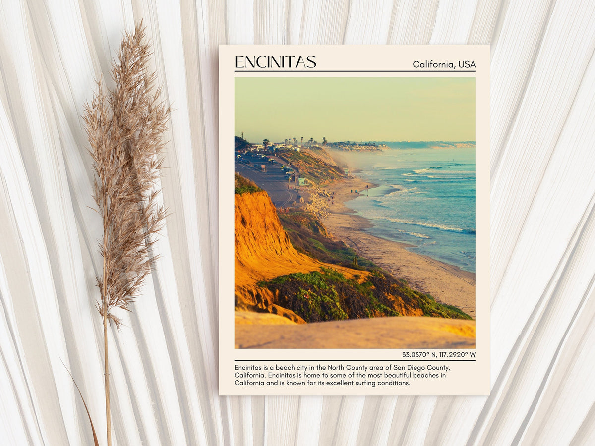 Encinitas Beach, California, Travel, Relaxation, Water Sports, Coastal Trails, City Art Prints, Joyie.co, Coastal Beauty, Beach Art, Wall Decor, California Poster, Adventure, Scenic Views, Outdoor Activities