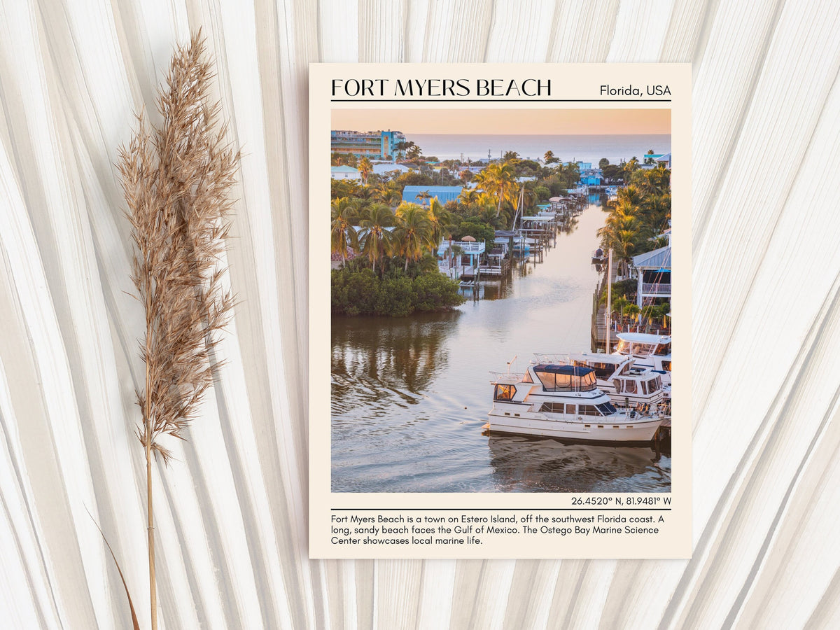 Fort Myers Beach, Florida, USA, travel poster print, city art print, city colour palette, coastal charm, Gulf Coast, Lovers Key State Park, Estero Bay Preserve, Times Square, dolphin cruise, Joyie.co.